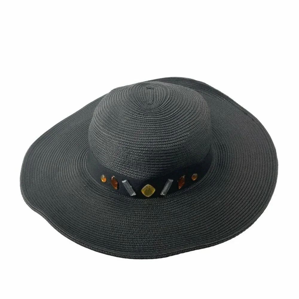 Jessica McClintock Black Floppy Beach Hat Jeweled